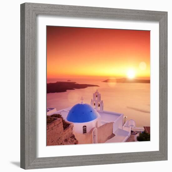 View of a Blue Dome of the Church St. Spirou in Firostefani on the Island of Santorini Greece, at S-buso23-Framed Photographic Print