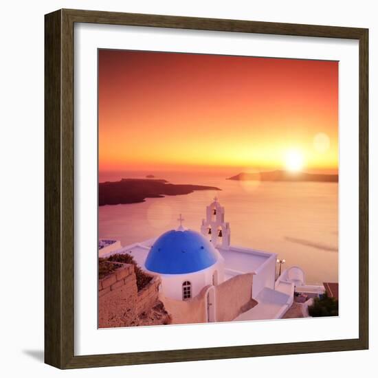 View of a Blue Dome of the Church St. Spirou in Firostefani on the Island of Santorini Greece, at S-buso23-Framed Photographic Print