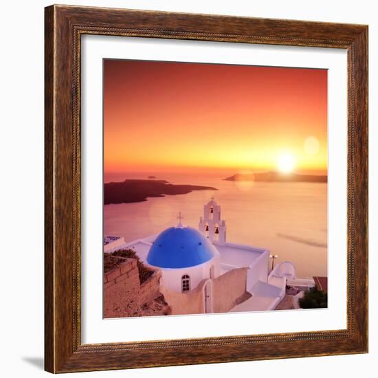 View of a Blue Dome of the Church St. Spirou in Firostefani on the Island of Santorini Greece, at S-buso23-Framed Photographic Print