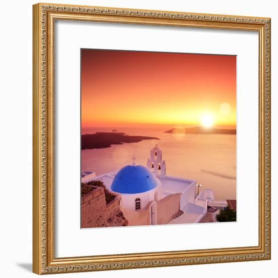 View of a Blue Dome of the Church St. Spirou in Firostefani on the Island of Santorini Greece, at S-buso23-Framed Photographic Print