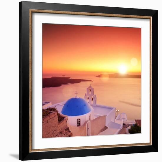 View of a Blue Dome of the Church St. Spirou in Firostefani on the Island of Santorini Greece, at S-buso23-Framed Photographic Print