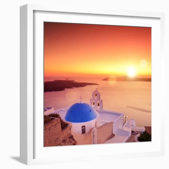 View of a Blue Dome of the Church St. Spirou in Firostefani on the Island of Santorini Greece, at S-buso23-Framed Photographic Print