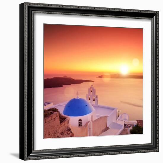 View of a Blue Dome of the Church St. Spirou in Firostefani on the Island of Santorini Greece, at S-buso23-Framed Photographic Print