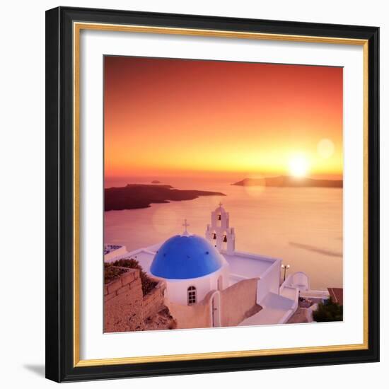 View of a Blue Dome of the Church St. Spirou in Firostefani on the Island of Santorini Greece, at S-buso23-Framed Photographic Print