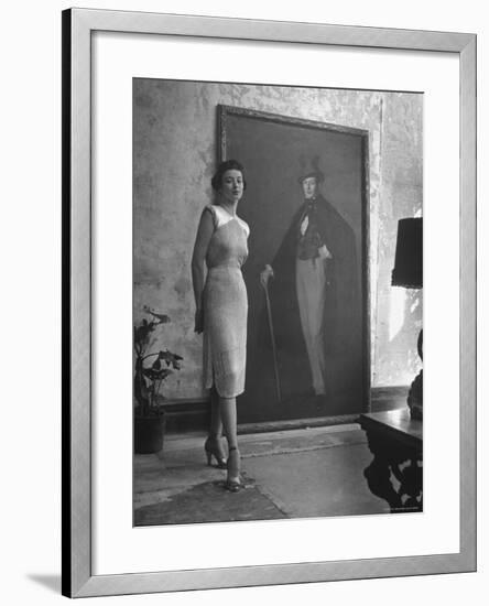 View of a Harper and Vogue Model in Designer Clothes-Nina Leen-Framed Photographic Print