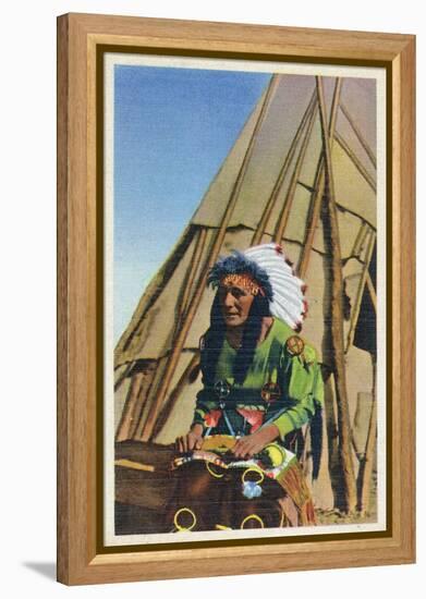 View of a Native American outside of Teepee-Lantern Press-Framed Stretched Canvas