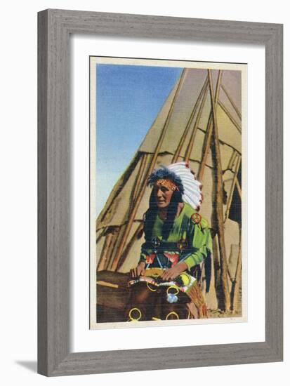 View of a Native American outside of Teepee-Lantern Press-Framed Art Print