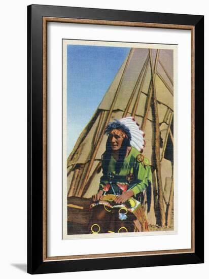 View of a Native American outside of Teepee-Lantern Press-Framed Art Print