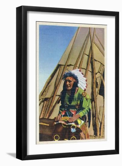 View of a Native American outside of Teepee-Lantern Press-Framed Art Print