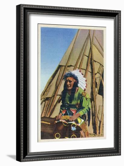 View of a Native American outside of Teepee-Lantern Press-Framed Art Print