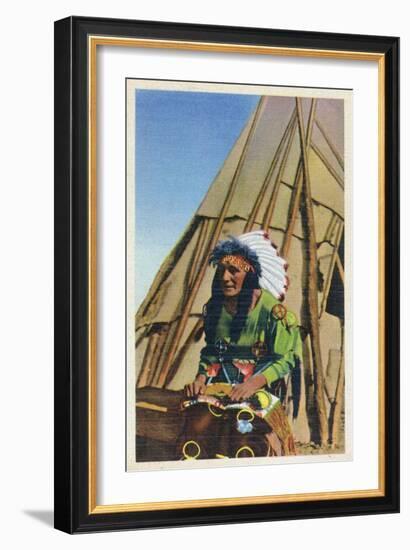 View of a Native American outside of Teepee-Lantern Press-Framed Art Print