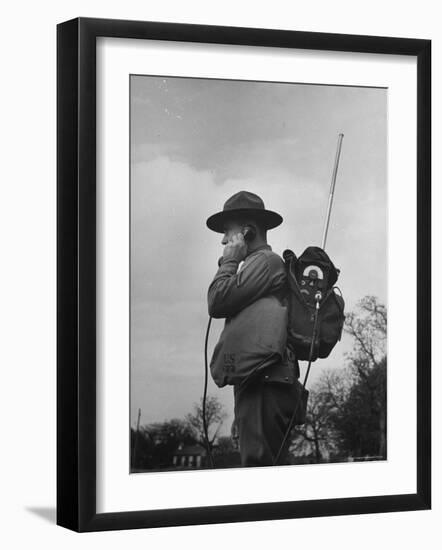 View of a Soldier Using a Backpack Radio-William Vandivert-Framed Photographic Print