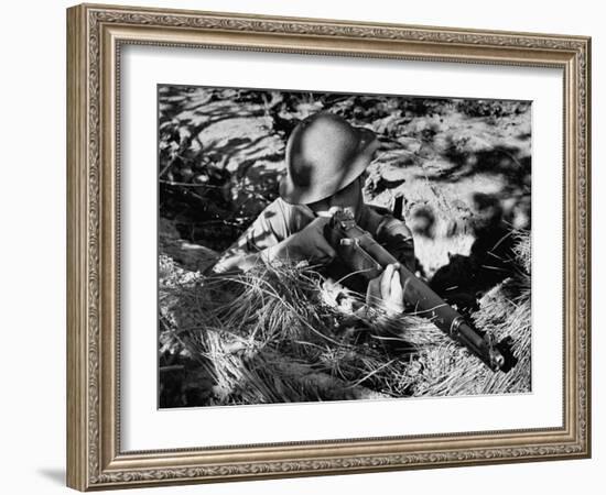 View of a Soldier Using a Garand Semi Automatic Rifle-William Vandivert-Framed Photographic Print