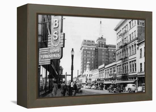 View of a Street Scene Downtown - Spokane, WA-Lantern Press-Framed Stretched Canvas