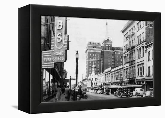 View of a Street Scene Downtown - Spokane, WA-Lantern Press-Framed Stretched Canvas