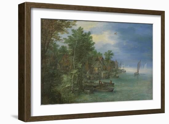 View of a Village Along a River-Jan Brueghel-Framed Art Print