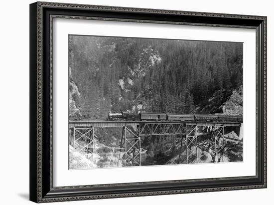 View of a Western Pacific Train on a Bridge - Plumas County, CA-Lantern Press-Framed Premium Giclee Print