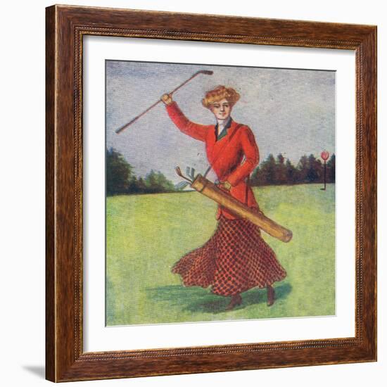 View of a Woman in Red Golfing-Lantern Press-Framed Art Print