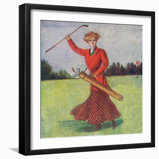 View of a Woman in Red Golfing-Lantern Press-Framed Art Print