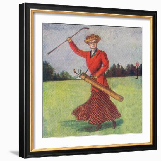 View of a Woman in Red Golfing-Lantern Press-Framed Art Print