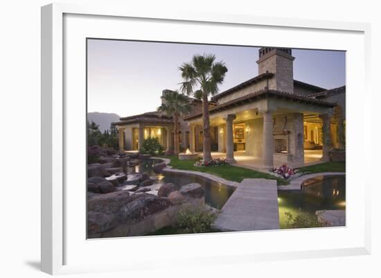 View of an Illuminated Modern House with Pond in Foreground-Nosnibor137-Framed Photographic Print