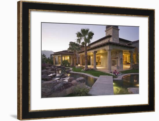 View of an Illuminated Modern House with Pond in Foreground-Nosnibor137-Framed Photographic Print