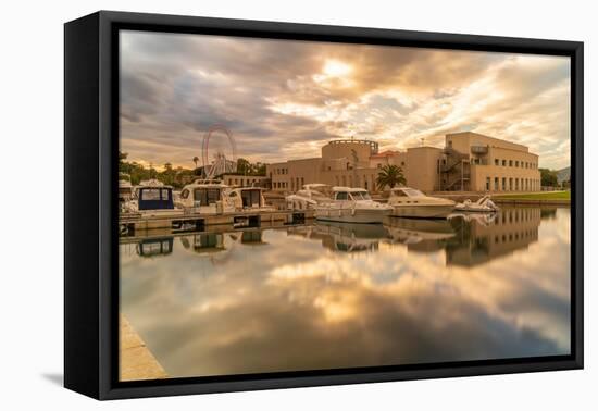 View of Archaeological Museum of Olbia and harbour boats on sunny day in Olbia, Olbia, Sardinia-Frank Fell-Framed Premier Image Canvas