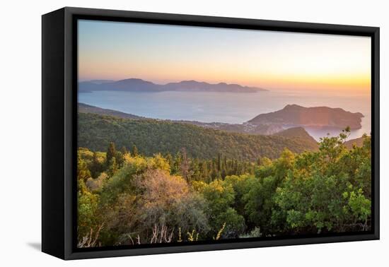 View of Assos, coastline, sea and hills at sunset, Kefalonia, Ionian Islands, Greek Islands, Greece-Frank Fell-Framed Premier Image Canvas