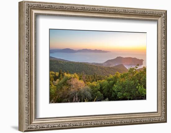 View of Assos, coastline, sea and hills at sunset, Kefalonia, Ionian Islands, Greek Islands, Greece-Frank Fell-Framed Photographic Print