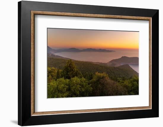 View of Assos, coastline, sea and hills at sunset, Kefalonia, Ionian Islands, Greek Islands, Greece-Frank Fell-Framed Photographic Print