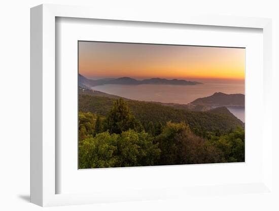 View of Assos, coastline, sea and hills at sunset, Kefalonia, Ionian Islands, Greek Islands, Greece-Frank Fell-Framed Photographic Print