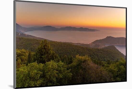 View of Assos, coastline, sea and hills at sunset, Kefalonia, Ionian Islands, Greek Islands, Greece-Frank Fell-Mounted Photographic Print