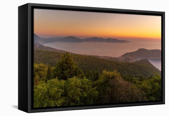 View of Assos, coastline, sea and hills at sunset, Kefalonia, Ionian Islands, Greek Islands, Greece-Frank Fell-Framed Premier Image Canvas