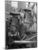 View of Beer Wagon Horses Wearing Straw Hats to Shade their Eyes from the Sun-John Phillips-Mounted Photographic Print