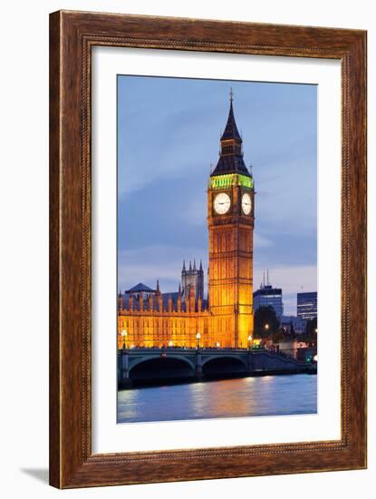 View of Big Ben and Houses of Parliament with Westminster Bridge at Thames River-null-Framed Photographic Print