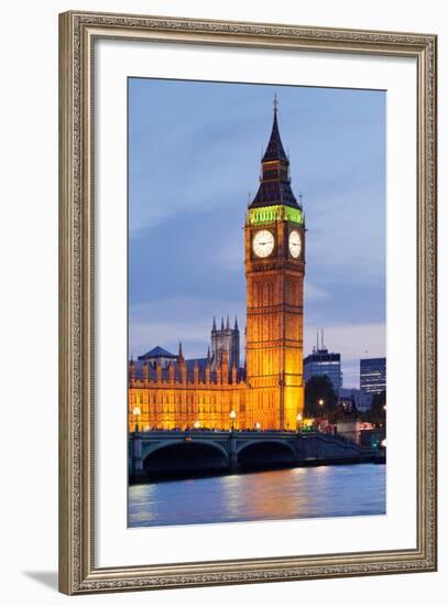 View of Big Ben and Houses of Parliament with Westminster Bridge at Thames River-null-Framed Photographic Print