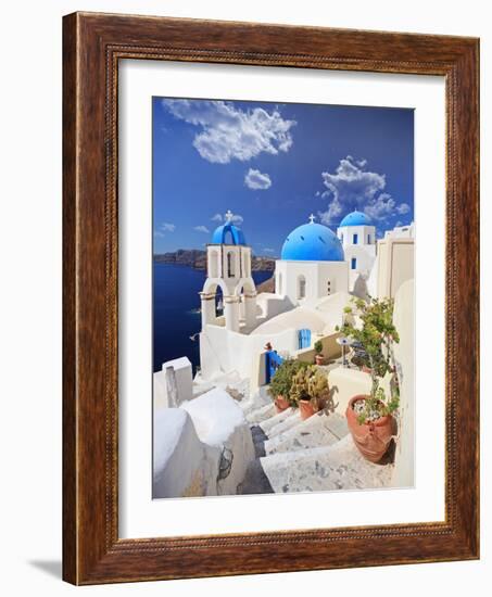 View of Blue Dome Church in Oia Village on Santorini Island, Greece-buso23-Framed Photographic Print