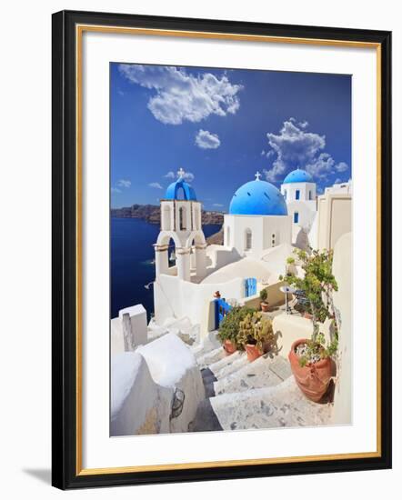 View of Blue Dome Church in Oia Village on Santorini Island, Greece-buso23-Framed Photographic Print