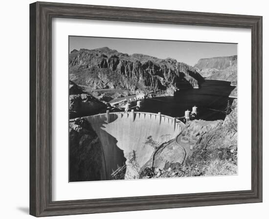 View of Boulder Dam, 726 Ft. High with Lake Mead, 115 Miles Long, Stretching Out in the Background-Andreas Feininger-Framed Photographic Print