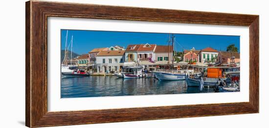 View of cafes and shops in Fiscardo harbour, Fiscardo, Kefalonia, Ionian Islands, Greek Islands-Frank Fell-Framed Photographic Print