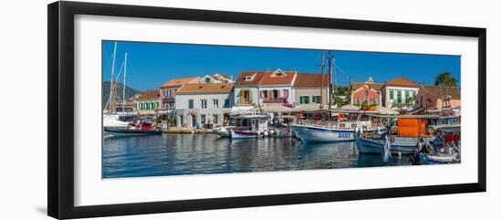 View of cafes and shops in Fiscardo harbour, Fiscardo, Kefalonia, Ionian Islands, Greek Islands-Frank Fell-Framed Photographic Print