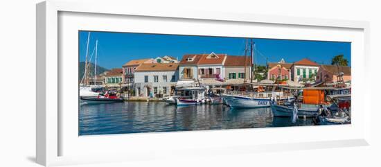 View of cafes and shops in Fiscardo harbour, Fiscardo, Kefalonia, Ionian Islands, Greek Islands-Frank Fell-Framed Photographic Print