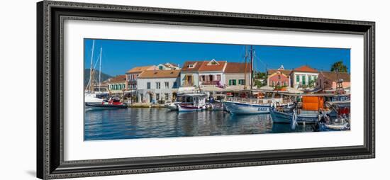 View of cafes and shops in Fiscardo harbour, Fiscardo, Kefalonia, Ionian Islands, Greek Islands-Frank Fell-Framed Photographic Print