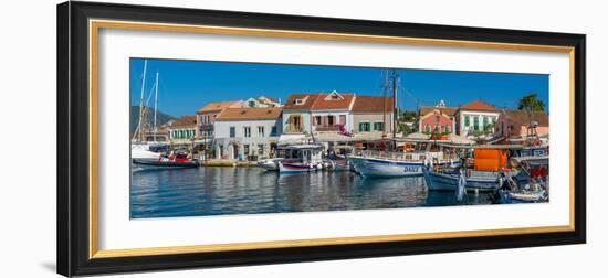 View of cafes and shops in Fiscardo harbour, Fiscardo, Kefalonia, Ionian Islands, Greek Islands-Frank Fell-Framed Photographic Print