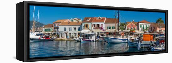 View of cafes and shops in Fiscardo harbour, Fiscardo, Kefalonia, Ionian Islands, Greek Islands-Frank Fell-Framed Premier Image Canvas