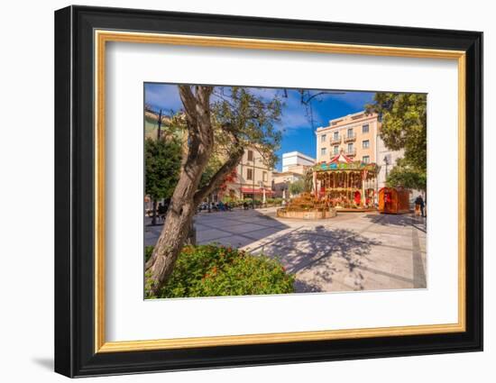 View of carousel and fountain on Piazza Matteotti on sunny day in Olbia, Olbia, Sardinia-Frank Fell-Framed Photographic Print