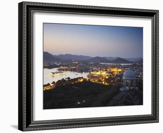 View of City Palace and Lake Palace Hotel at Sunset, Udaipur, Rajasthan, India, Asia-Ian Trower-Framed Photographic Print