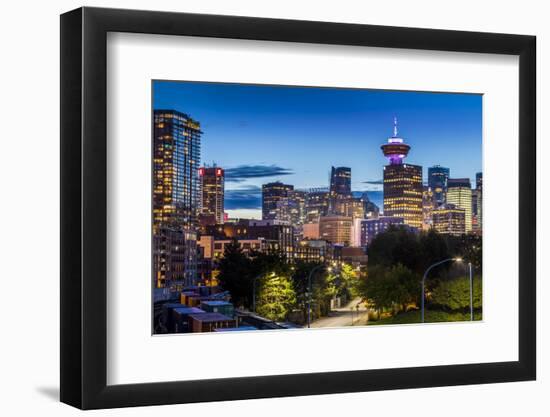 View of city skyline and Vancouver Lookout Tower at dusk from Portside, Vancouver, British Columbia-Frank Fell-Framed Photographic Print