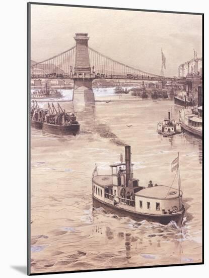 View of Danube River in Budapest, Hungary 19th Century Watercolour-null-Mounted Giclee Print