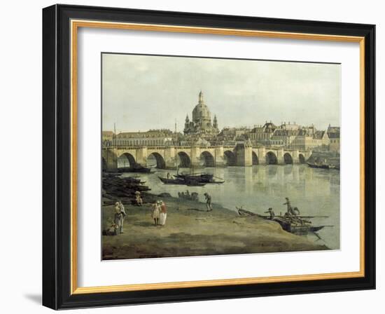 View of Dresden from the Right Bank of the River Elbe Downriver of the Augustusbruecke, 1748-Canaletto-Framed Giclee Print